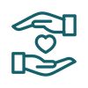 A line icon of two hands with a heart in the middle, representing Inasmuch Foundation's Community & Civic Engagement focus area.